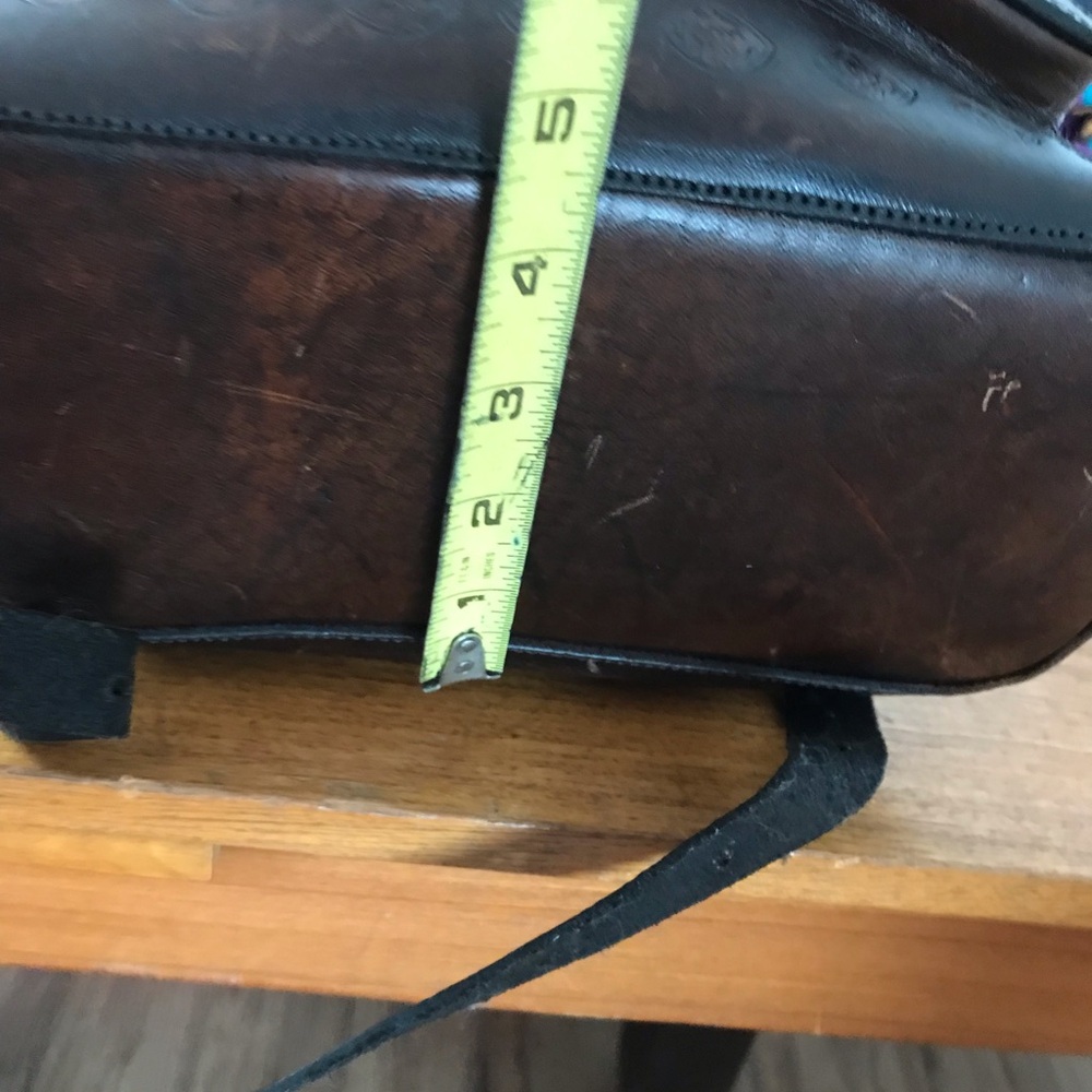 Vintage Dark Brown Tooled Leather and Woven Fabric Backpack - Picture 10 of 12